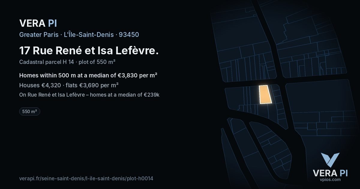 17 Rue René et Isa Lefèvre, L'Île-Saint-Denis at night – the plot lit, the parcels around coloured by the prices near them