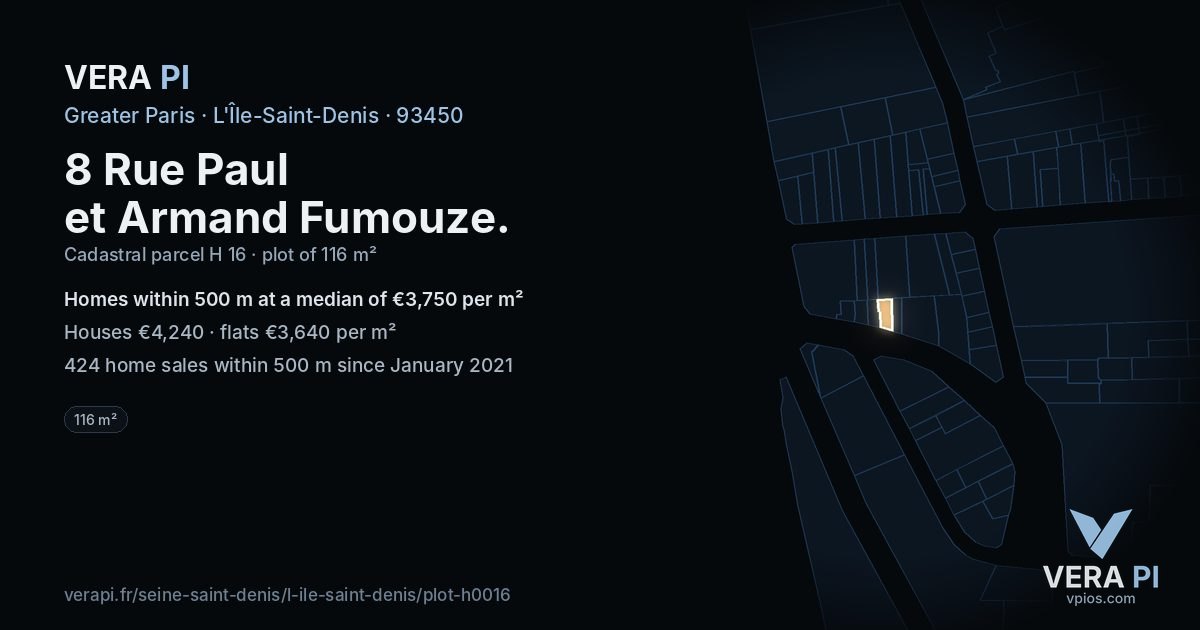 8 Rue Paul et Armand Fumouze, L'Île-Saint-Denis at night – the plot lit, the parcels around coloured by the prices near them