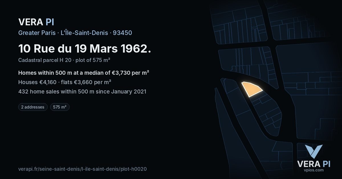 10 Rue du 19 Mars 1962, L'Île-Saint-Denis at night – the plot lit, the parcels around coloured by the prices near them