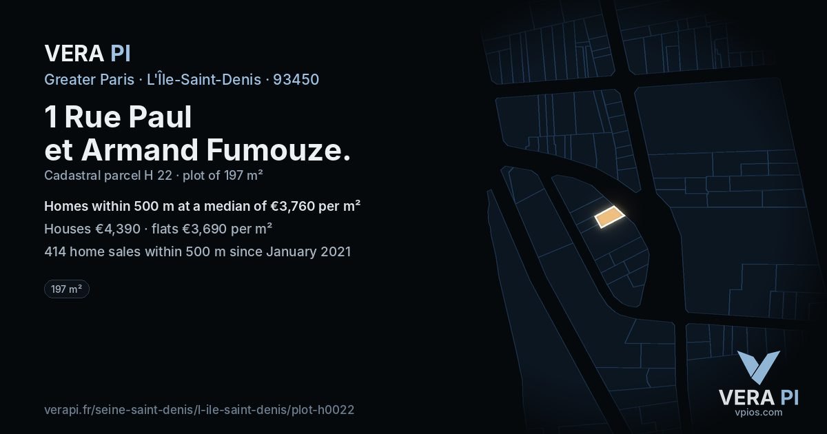 1 Rue Paul et Armand Fumouze, L'Île-Saint-Denis at night – the plot lit, the parcels around coloured by the prices near them