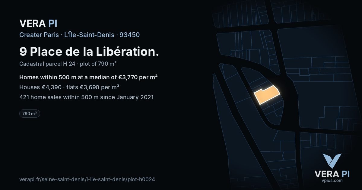 9 Place de la Libération, L'Île-Saint-Denis at night – the plot lit, the parcels around coloured by the prices near them