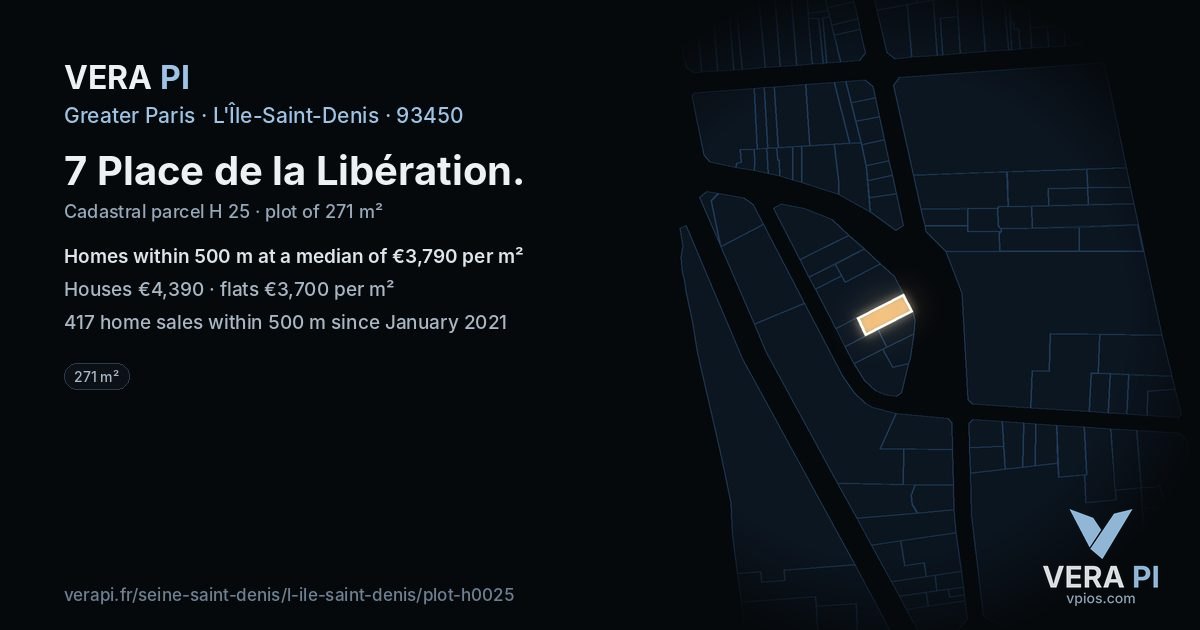 7 Place de la Libération, L'Île-Saint-Denis at night – the plot lit, the parcels around coloured by the prices near them