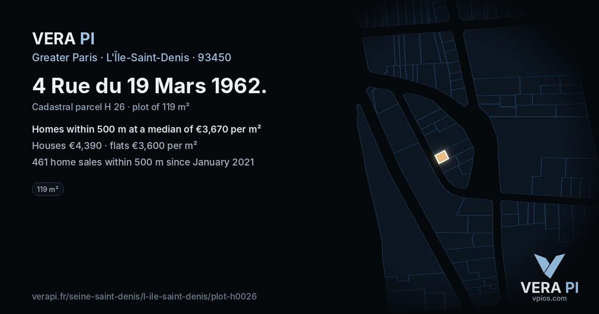 4 Rue du 19 Mars 1962, L'Île-Saint-Denis at night – the plot lit, the parcels around coloured by the prices near them