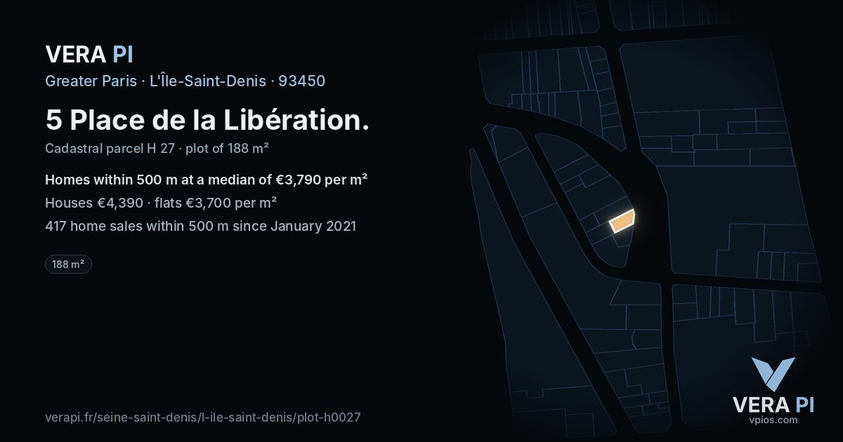 5 Place de la Libération, L'Île-Saint-Denis at night – the plot lit, the parcels around coloured by the prices near them