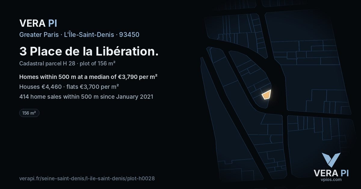 3 Place de la Libération, L'Île-Saint-Denis at night – the plot lit, the parcels around coloured by the prices near them