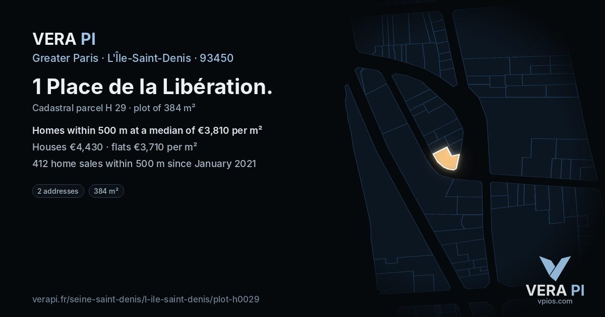 1 Place de la Libération, L'Île-Saint-Denis at night – the plot lit, the parcels around coloured by the prices near them