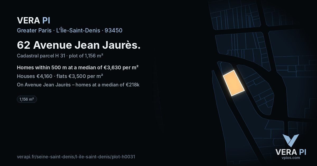 62 Avenue Jean Jaurès, L'Île-Saint-Denis at night – the plot lit, the parcels around coloured by the prices near them