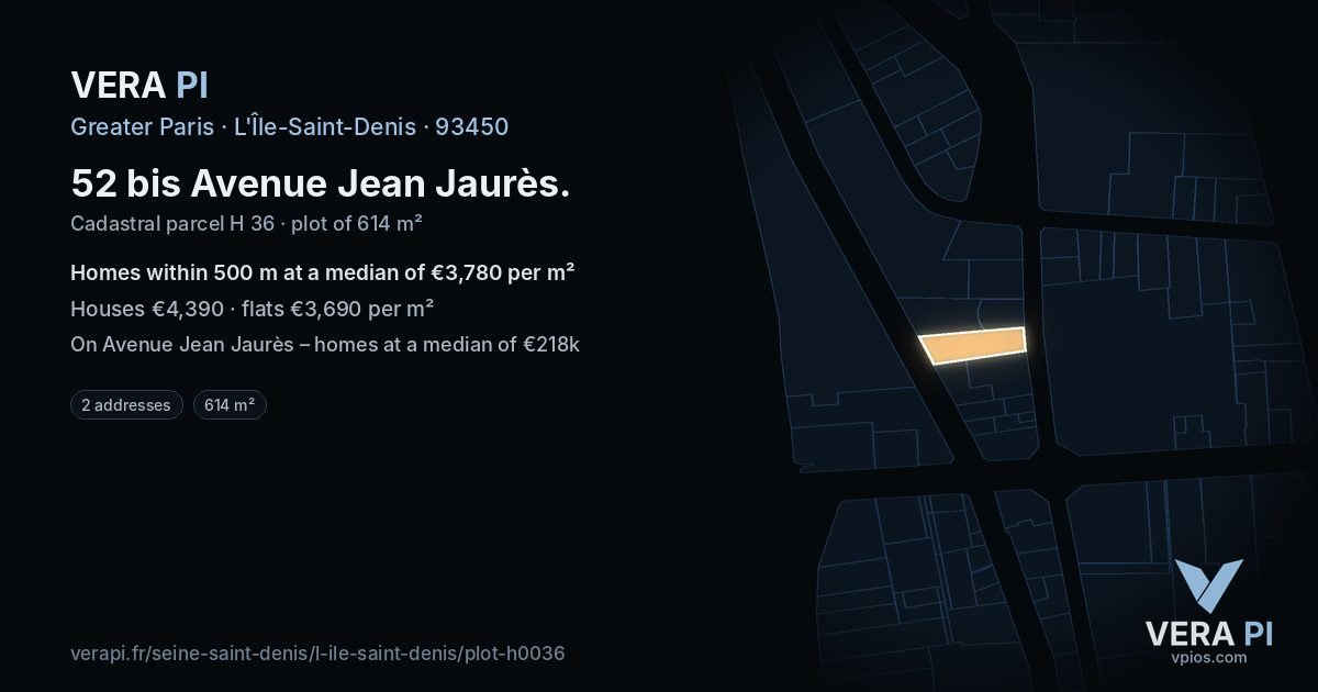 52 bis Avenue Jean Jaurès, L'Île-Saint-Denis at night – the plot lit, the parcels around coloured by the prices near them
