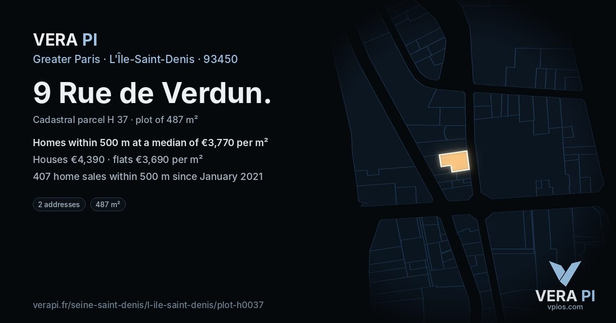 9 Rue de Verdun, L'Île-Saint-Denis at night – the plot lit, the parcels around coloured by the prices near them
