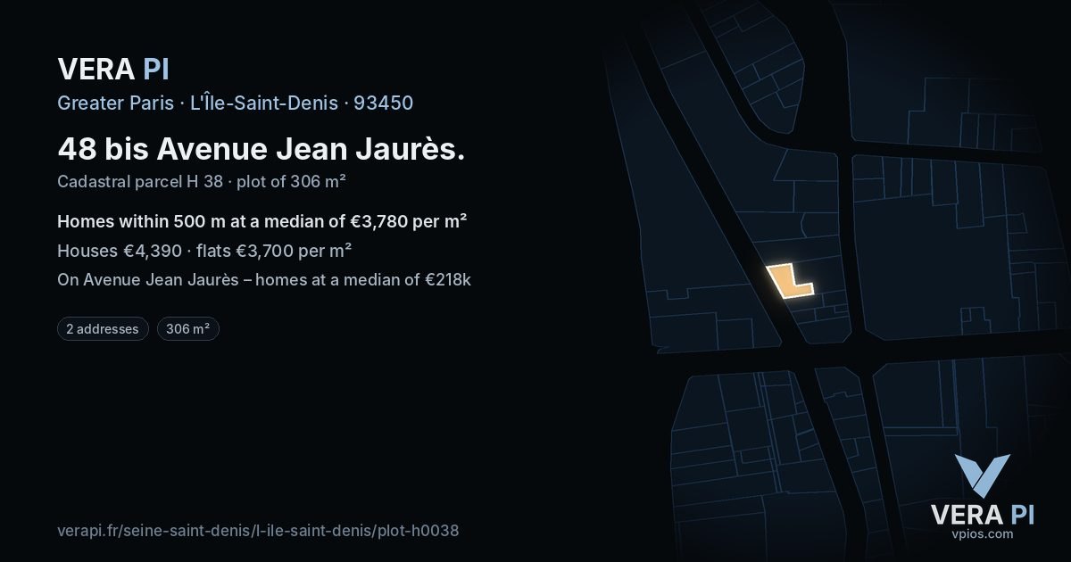 48 bis Avenue Jean Jaurès, L'Île-Saint-Denis at night – the plot lit, the parcels around coloured by the prices near them