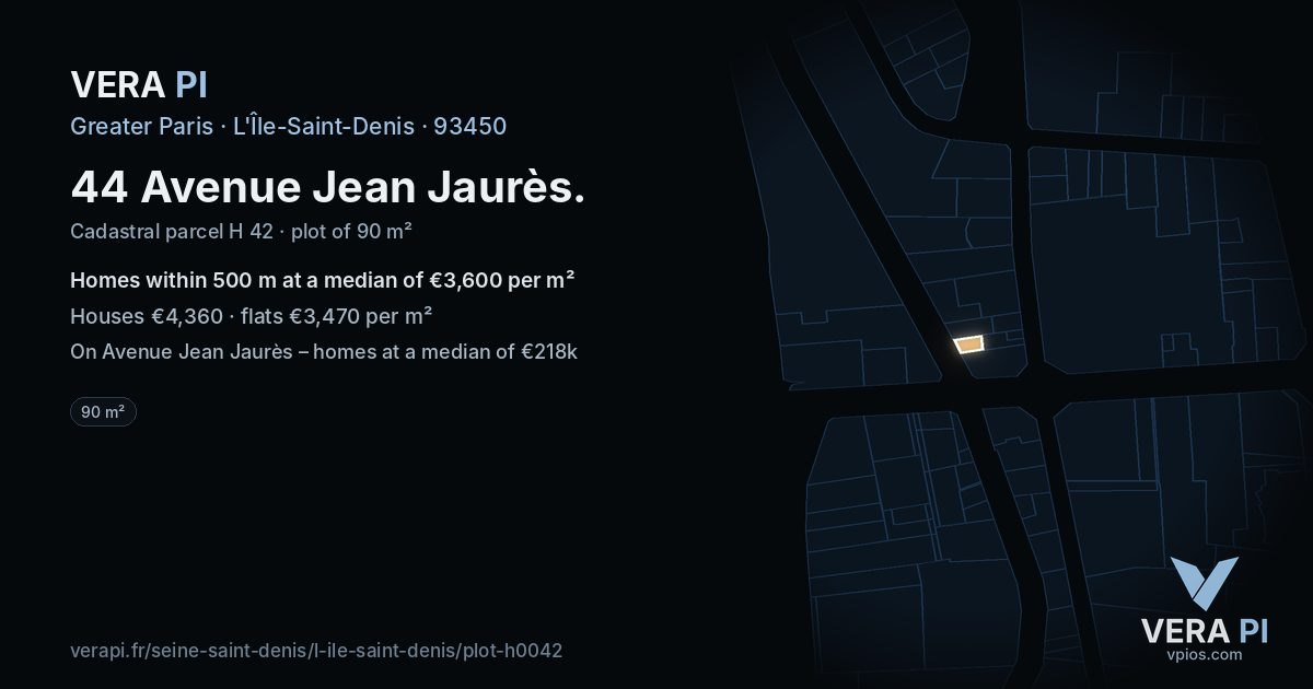 44 Avenue Jean Jaurès, L'Île-Saint-Denis at night – the plot lit, the parcels around coloured by the prices near them