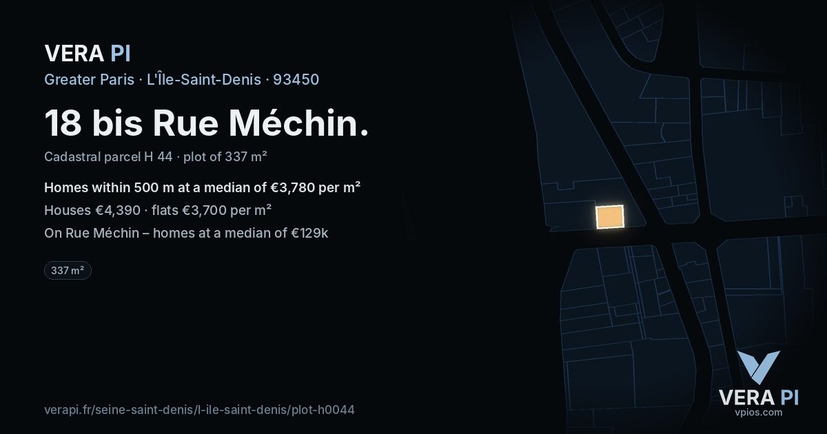 18 bis Rue Méchin, L'Île-Saint-Denis at night – the plot lit, the parcels around coloured by the prices near them