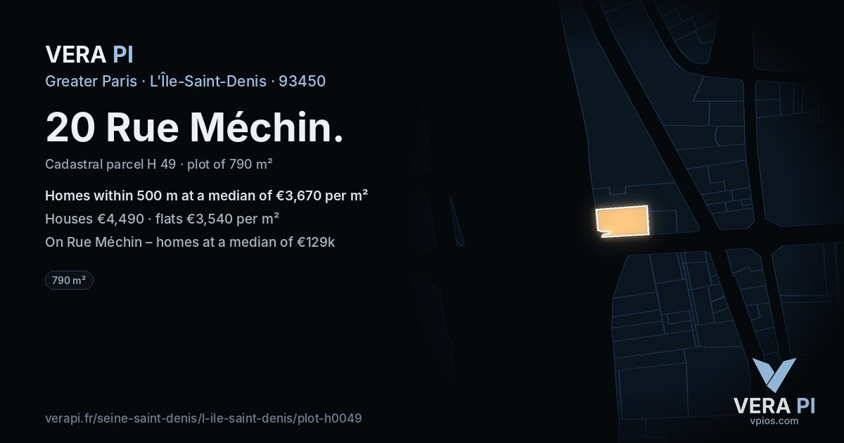 20 Rue Méchin, L'Île-Saint-Denis at night – the plot lit, the parcels around coloured by the prices near them