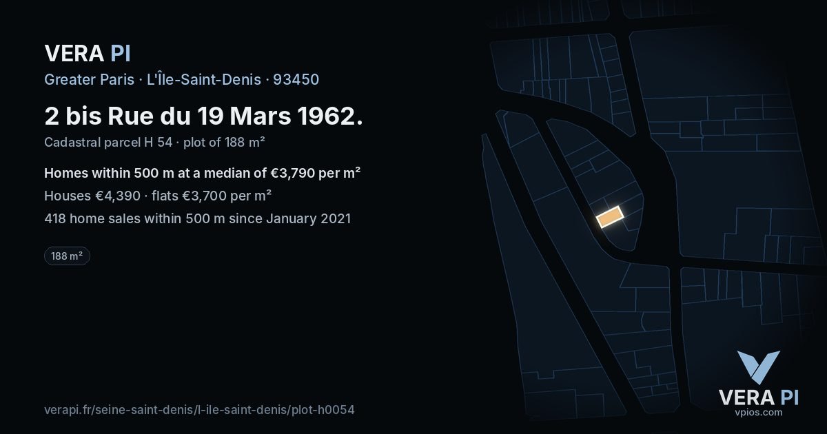 2 bis Rue du 19 Mars 1962, L'Île-Saint-Denis at night – the plot lit, the parcels around coloured by the prices near them