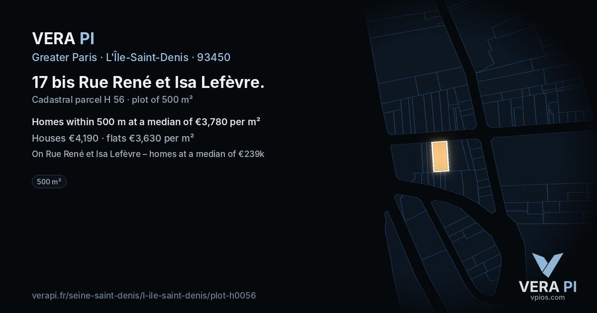 17 bis Rue René et Isa Lefèvre, L'Île-Saint-Denis at night – the plot lit, the parcels around coloured by the prices near them