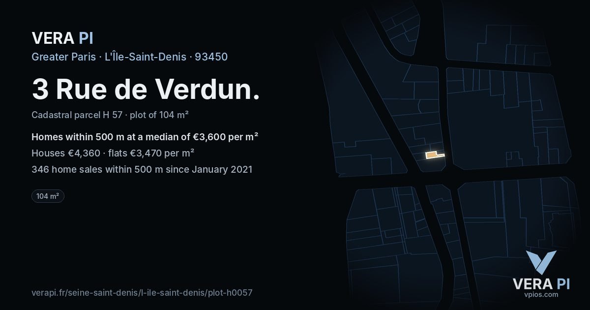 3 Rue de Verdun, L'Île-Saint-Denis at night – the plot lit, the parcels around coloured by the prices near them