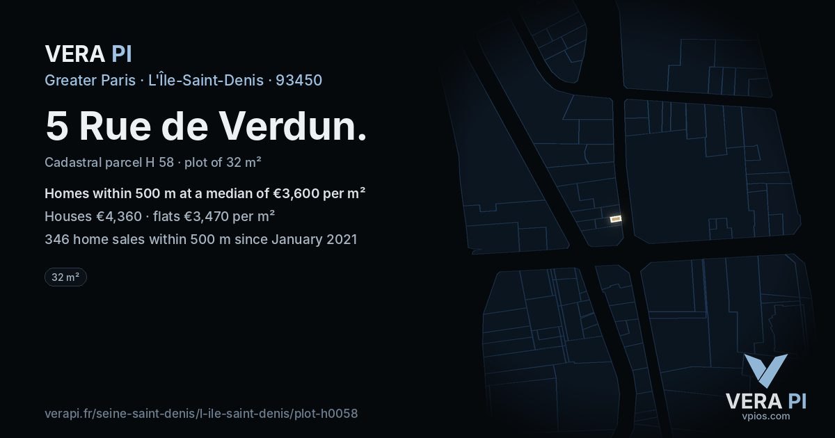 5 Rue de Verdun, L'Île-Saint-Denis at night – the plot lit, the parcels around coloured by the prices near them