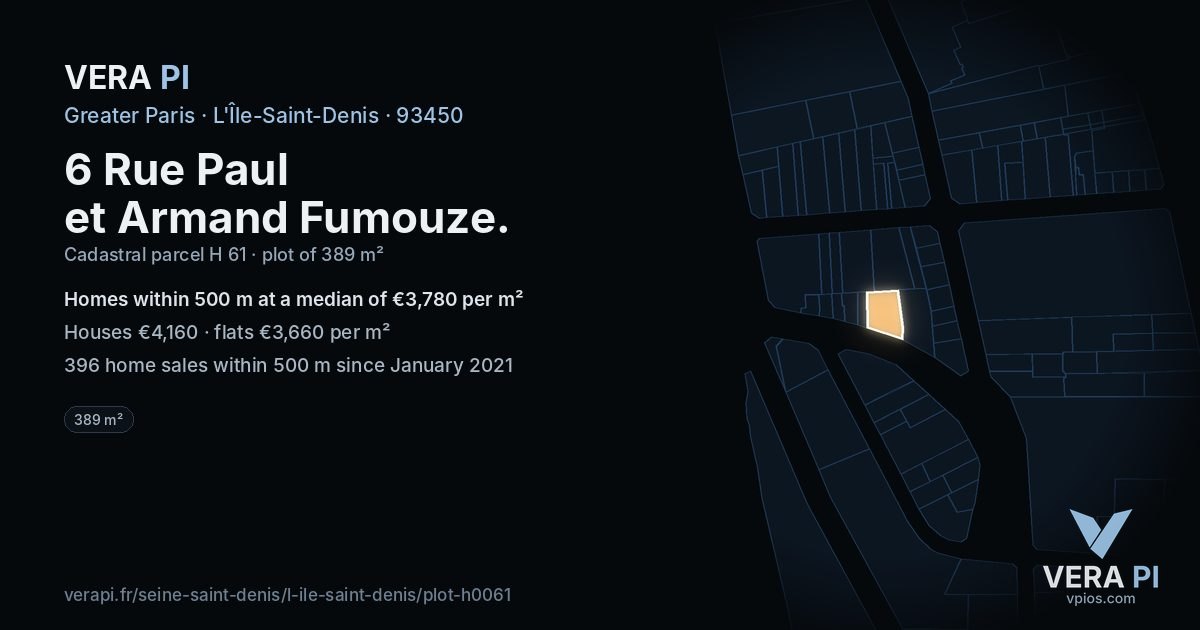 6 Rue Paul et Armand Fumouze, L'Île-Saint-Denis at night – the plot lit, the parcels around coloured by the prices near them