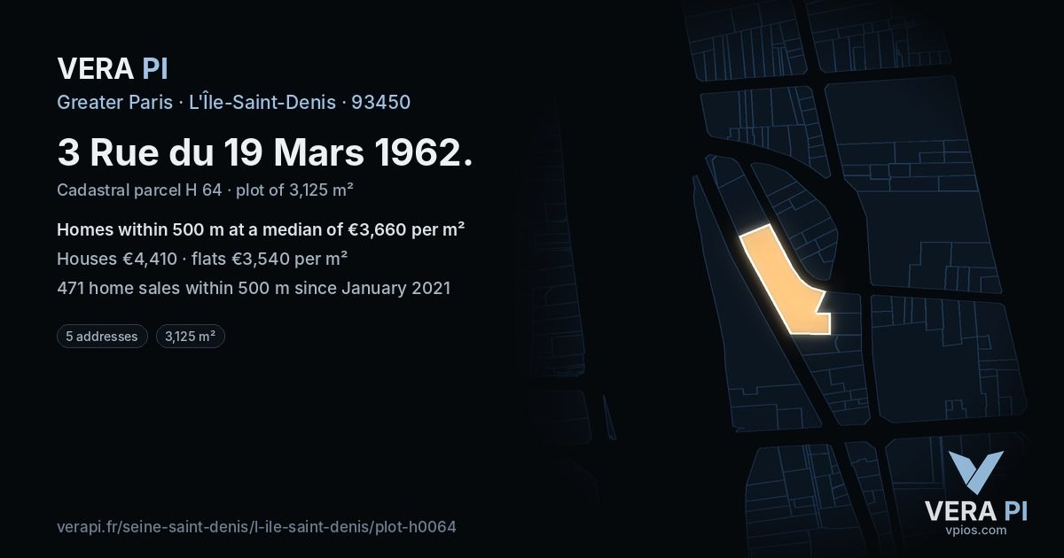 3 Rue du 19 Mars 1962, L'Île-Saint-Denis at night – the plot lit, the parcels around coloured by the prices near them