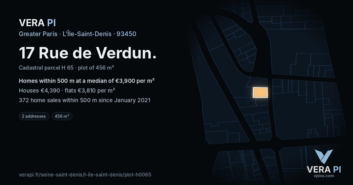 17 Rue de Verdun, L'Île-Saint-Denis at night – the plot lit, the parcels around coloured by the prices near them
