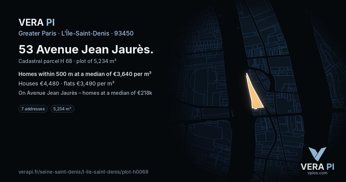 53 Avenue Jean Jaurès, L'Île-Saint-Denis at night – the plot lit, the parcels around coloured by the prices near them