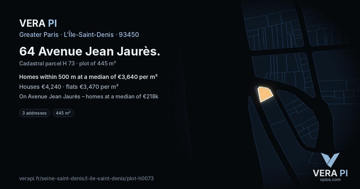 64 Avenue Jean Jaurès, L'Île-Saint-Denis at night – the plot lit, the parcels around coloured by the prices near them