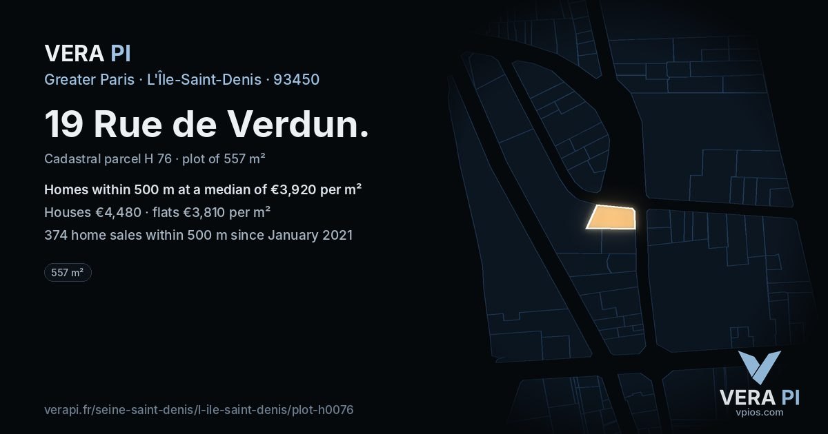19 Rue de Verdun, L'Île-Saint-Denis at night – the plot lit, the parcels around coloured by the prices near them