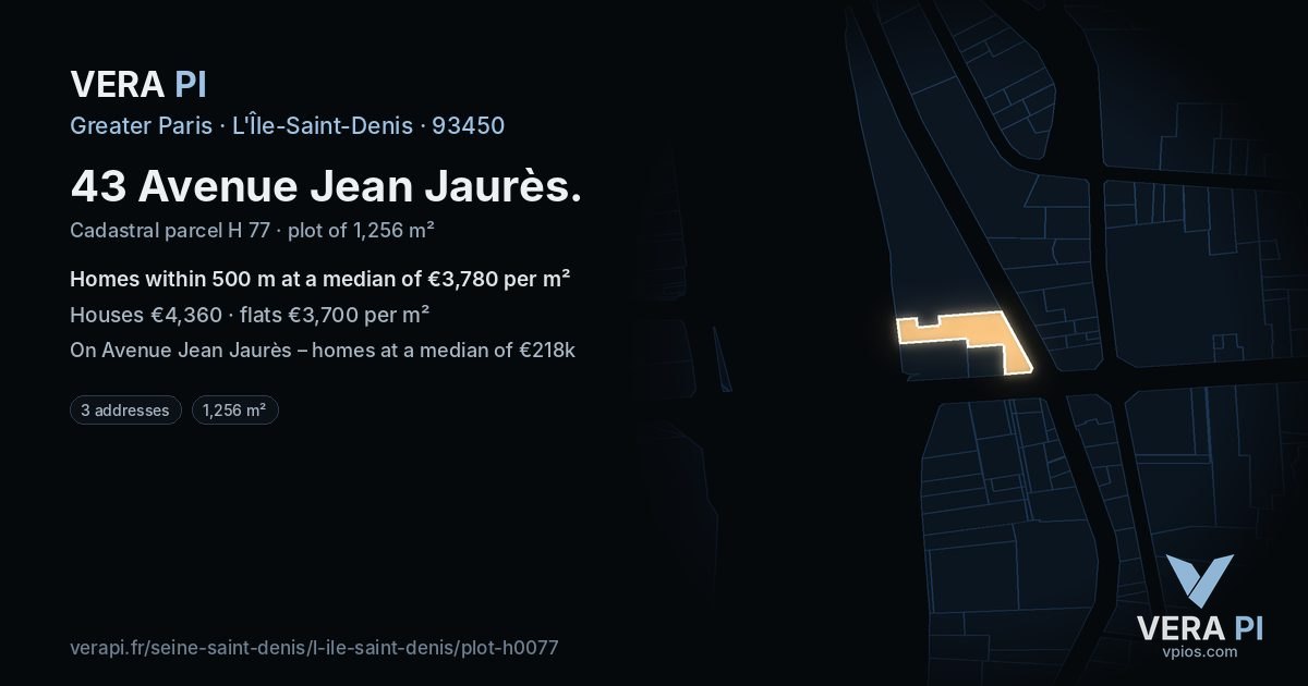 43 Avenue Jean Jaurès, L'Île-Saint-Denis at night – the plot lit, the parcels around coloured by the prices near them