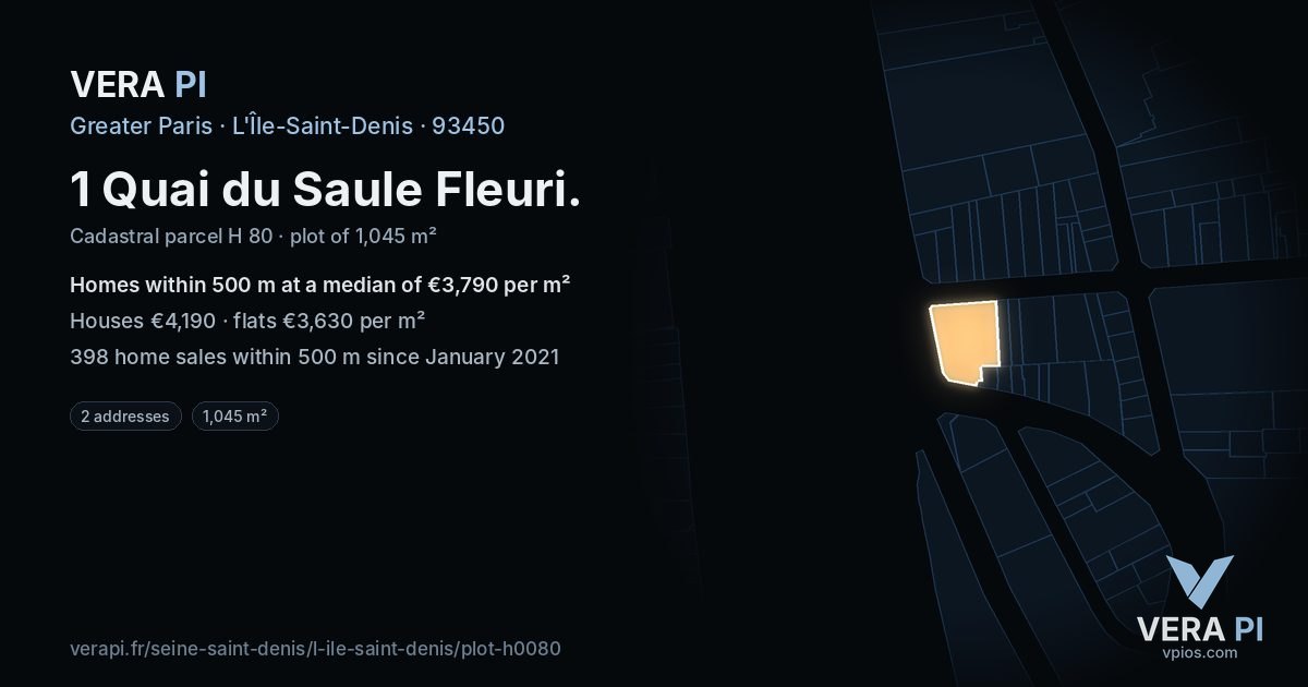 1 Quai du Saule Fleuri, L'Île-Saint-Denis at night – the plot lit, the parcels around coloured by the prices near them