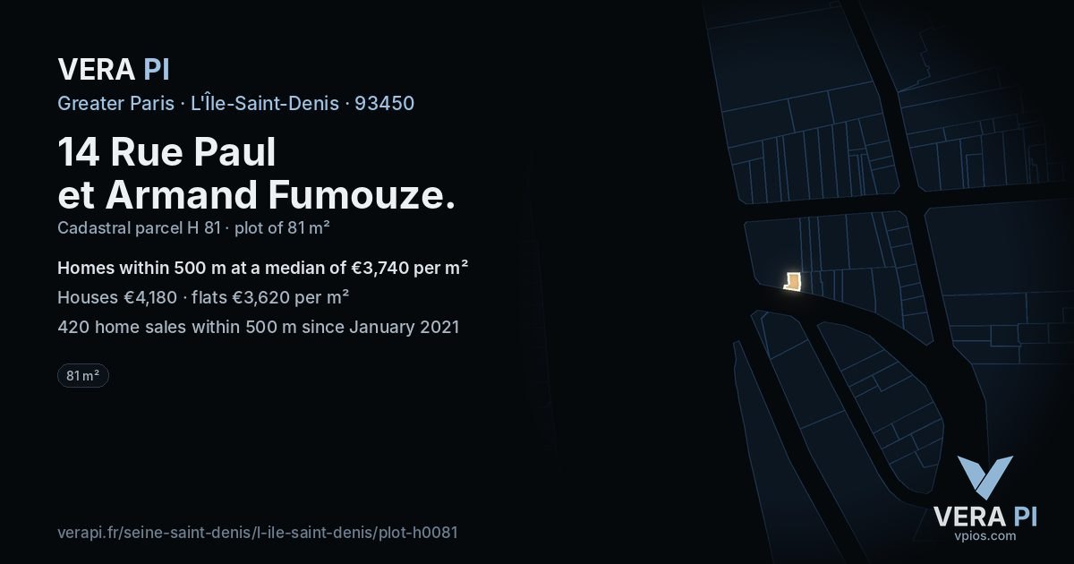 14 Rue Paul et Armand Fumouze, L'Île-Saint-Denis at night – the plot lit, the parcels around coloured by the prices near them