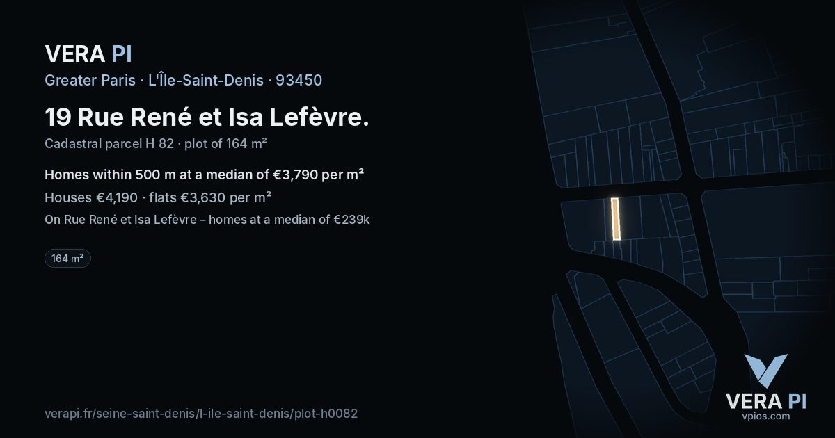 19 Rue René et Isa Lefèvre, L'Île-Saint-Denis at night – the plot lit, the parcels around coloured by the prices near them