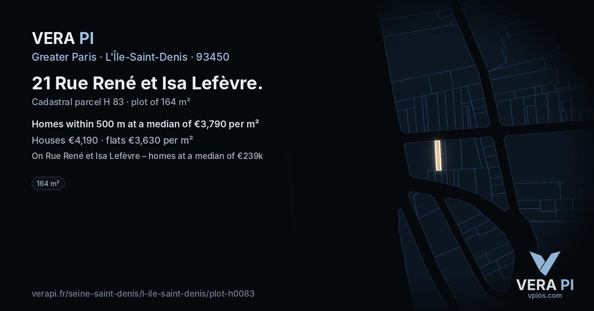 21 Rue René et Isa Lefèvre, L'Île-Saint-Denis at night – the plot lit, the parcels around coloured by the prices near them