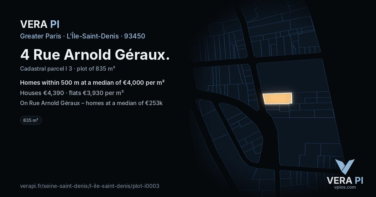 4 Rue Arnold Géraux, L'Île-Saint-Denis at night – the plot lit, the parcels around coloured by the prices near them