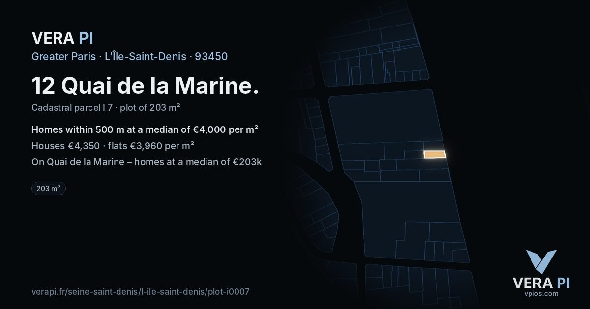 12 Quai de la Marine, L'Île-Saint-Denis at night – the plot lit, the parcels around coloured by the prices near them