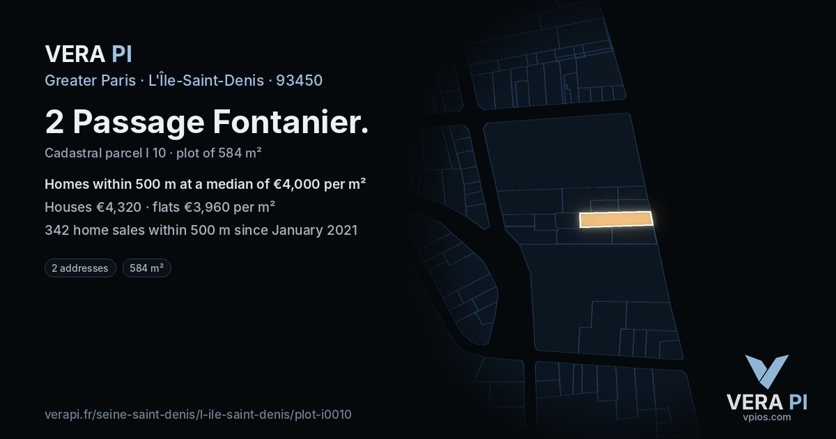 2 Passage Fontanier, L'Île-Saint-Denis at night – the plot lit, the parcels around coloured by the prices near them