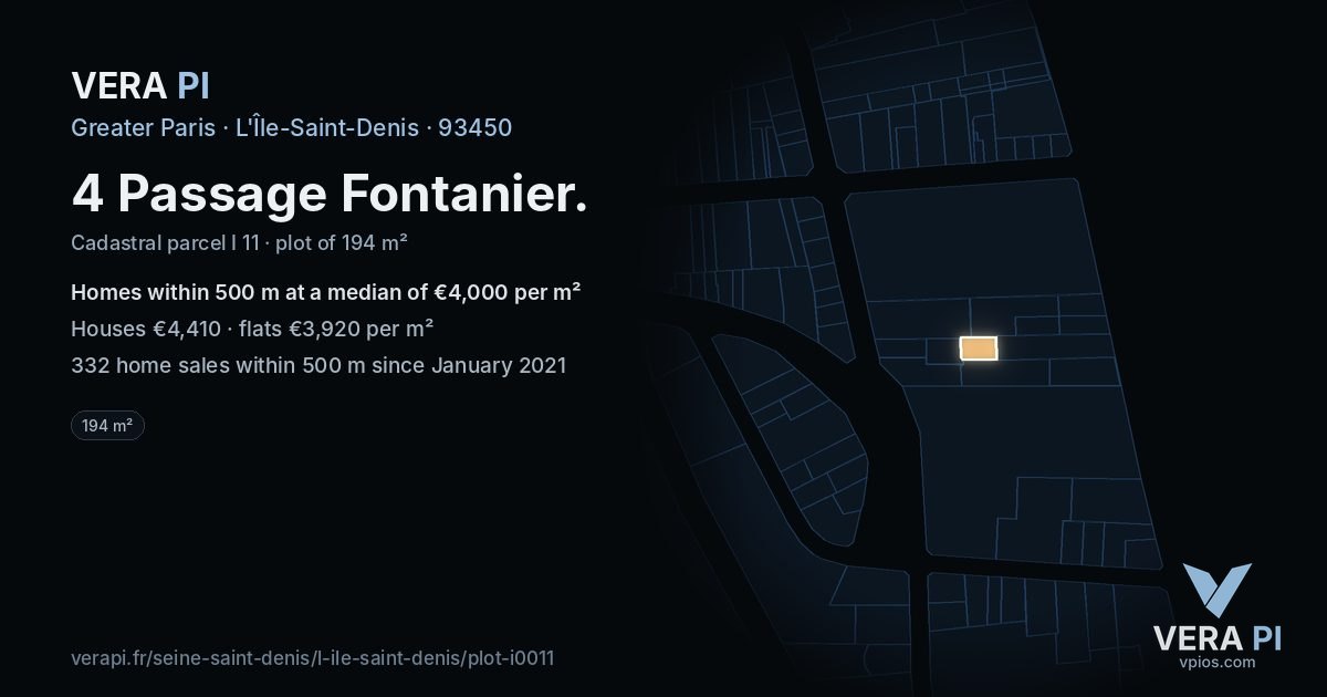 4 Passage Fontanier, L'Île-Saint-Denis at night – the plot lit, the parcels around coloured by the prices near them