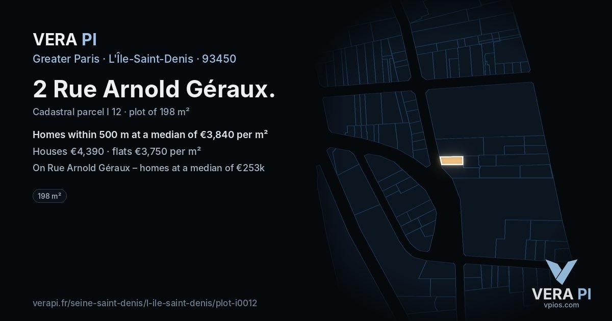 2 Rue Arnold Géraux, L'Île-Saint-Denis at night – the plot lit, the parcels around coloured by the prices near them