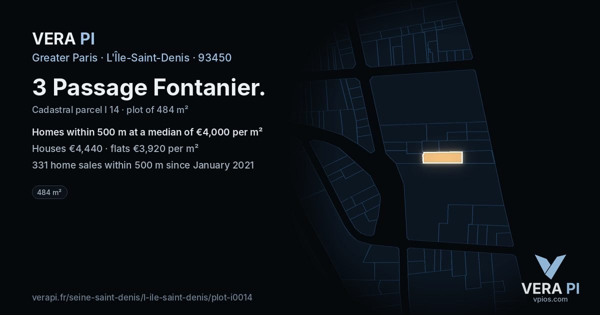 3 Passage Fontanier, L'Île-Saint-Denis at night – the plot lit, the parcels around coloured by the prices near them