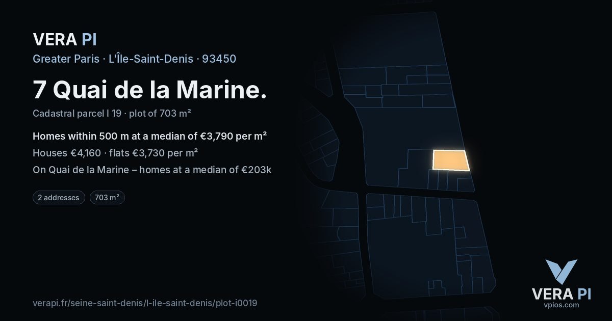 7 Quai de la Marine, L'Île-Saint-Denis at night – the plot lit, the parcels around coloured by the prices near them