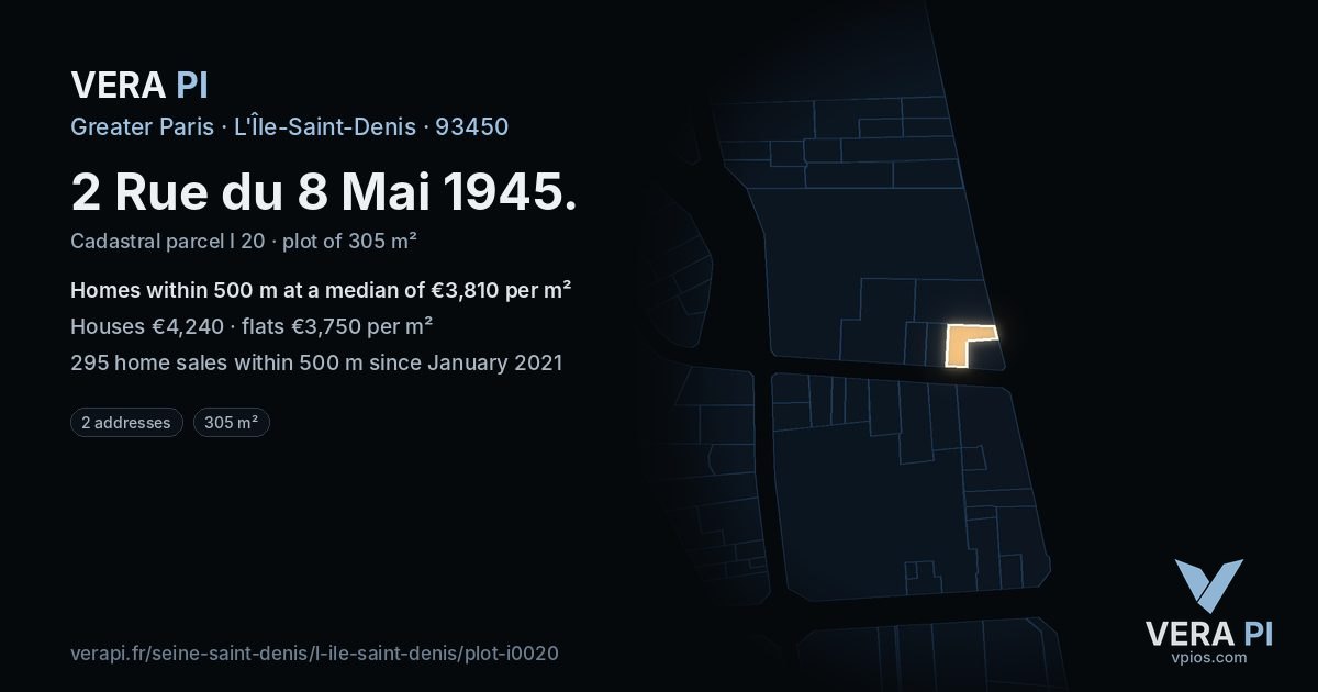 2 Rue du 8 Mai 1945, L'Île-Saint-Denis at night – the plot lit, the parcels around coloured by the prices near them