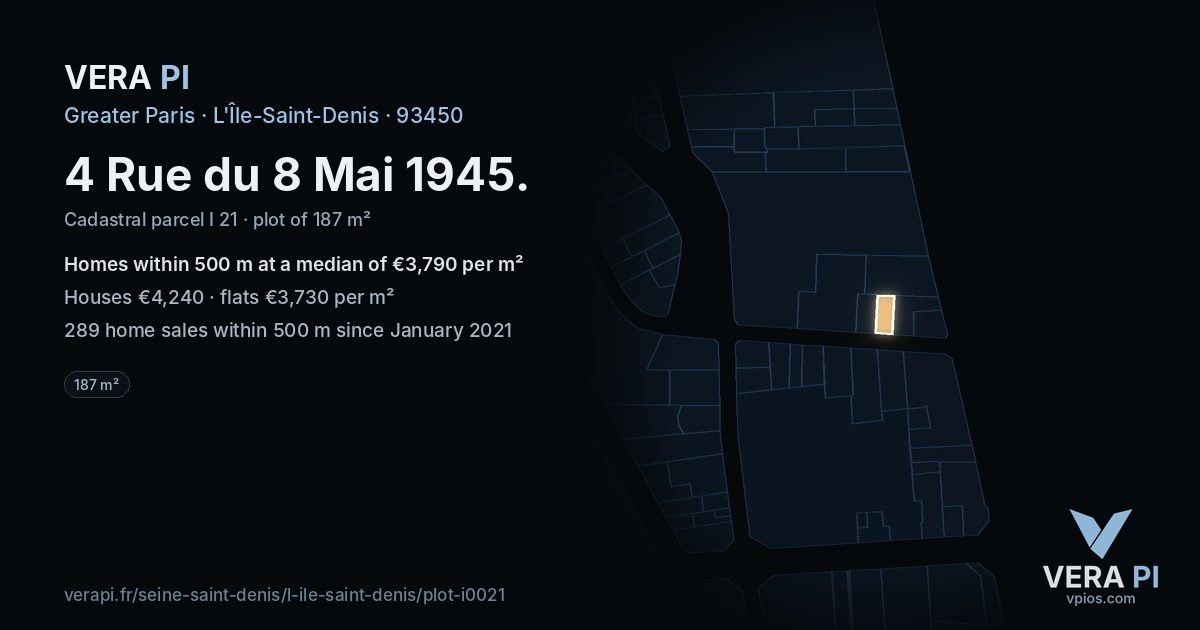 4 Rue du 8 Mai 1945, L'Île-Saint-Denis at night – the plot lit, the parcels around coloured by the prices near them