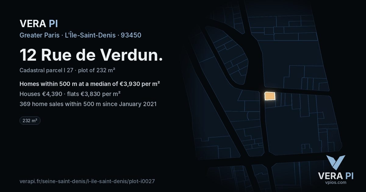 12 Rue de Verdun, L'Île-Saint-Denis at night – the plot lit, the parcels around coloured by the prices near them