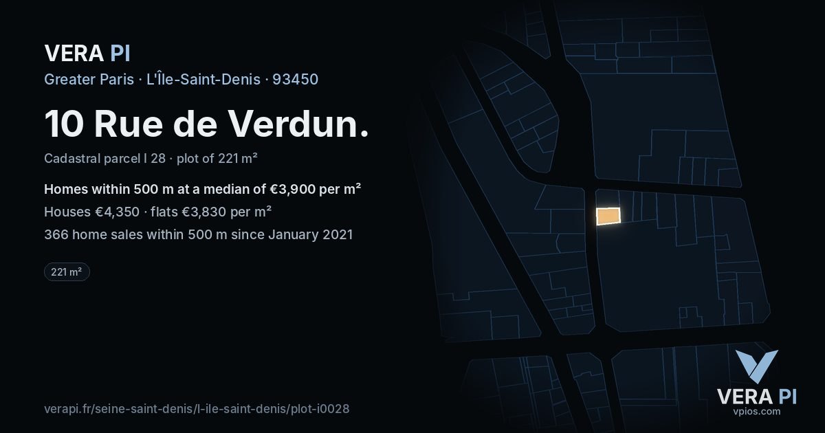 10 Rue de Verdun, L'Île-Saint-Denis at night – the plot lit, the parcels around coloured by the prices near them