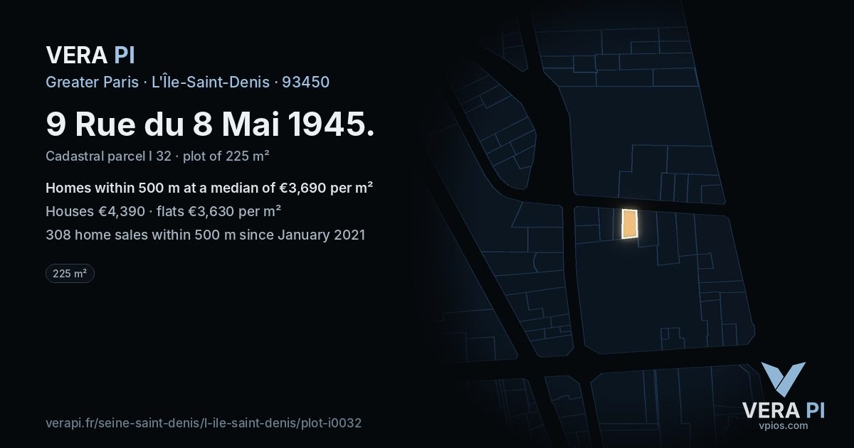 9 Rue du 8 Mai 1945, L'Île-Saint-Denis at night – the plot lit, the parcels around coloured by the prices near them