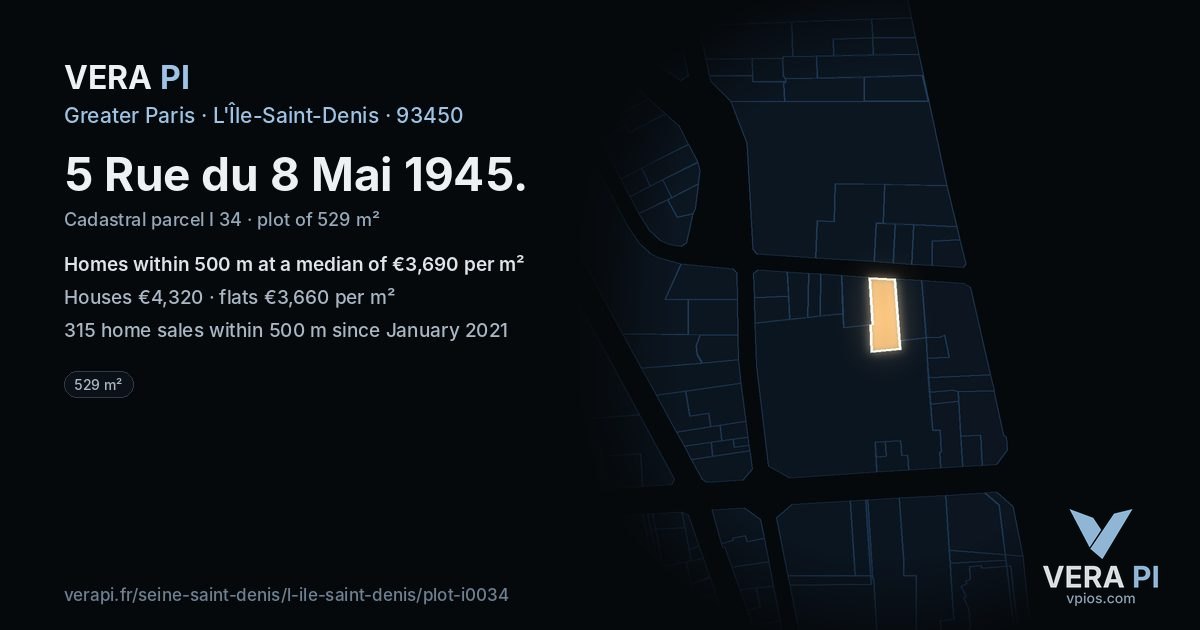 5 Rue du 8 Mai 1945, L'Île-Saint-Denis at night – the plot lit, the parcels around coloured by the prices near them