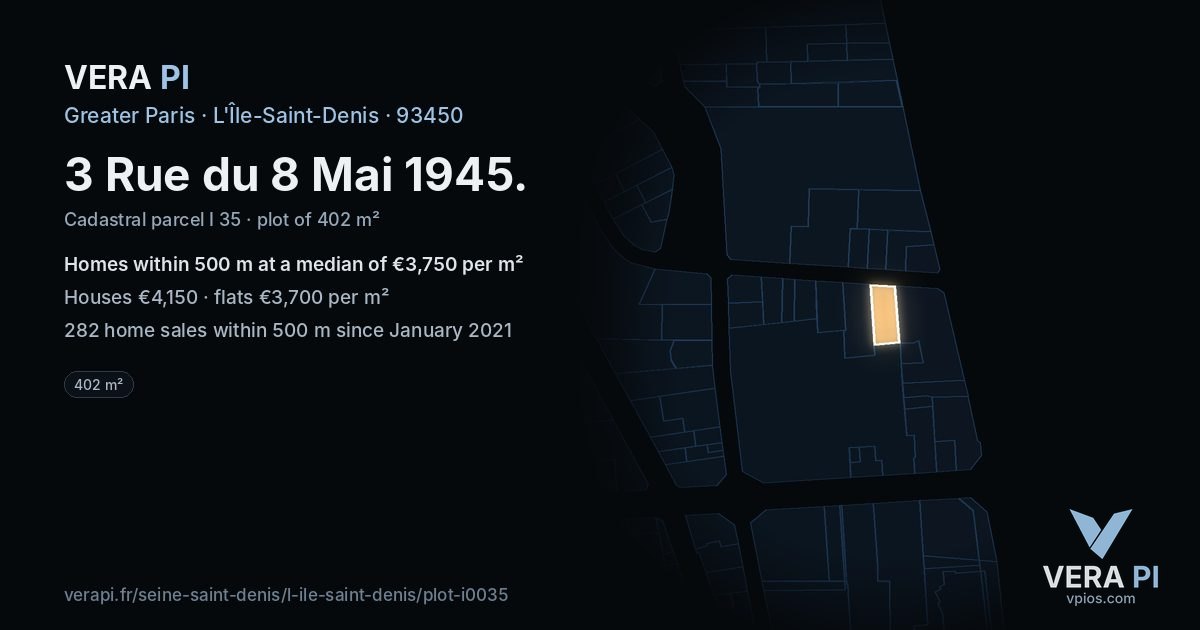 3 Rue du 8 Mai 1945, L'Île-Saint-Denis at night – the plot lit, the parcels around coloured by the prices near them