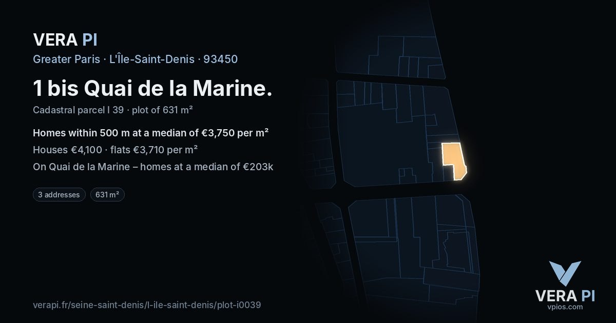 1 bis Quai de la Marine, L'Île-Saint-Denis at night – the plot lit, the parcels around coloured by the prices near them
