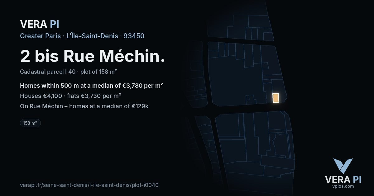 2 bis Rue Méchin, L'Île-Saint-Denis at night – the plot lit, the parcels around coloured by the prices near them