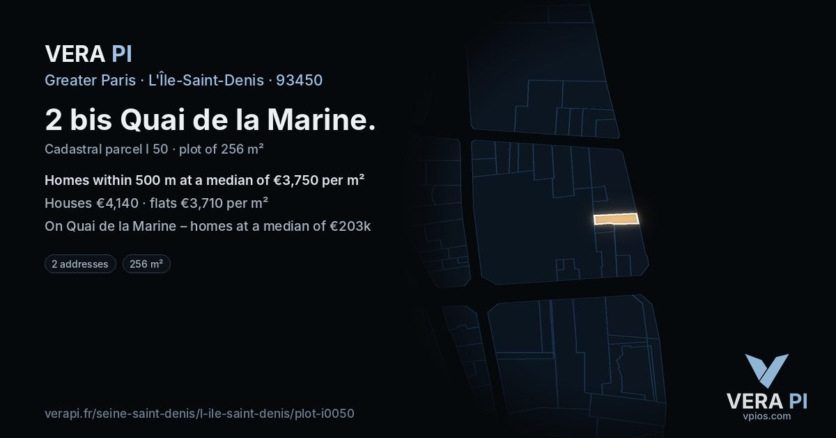 2 bis Quai de la Marine, L'Île-Saint-Denis at night – the plot lit, the parcels around coloured by the prices near them