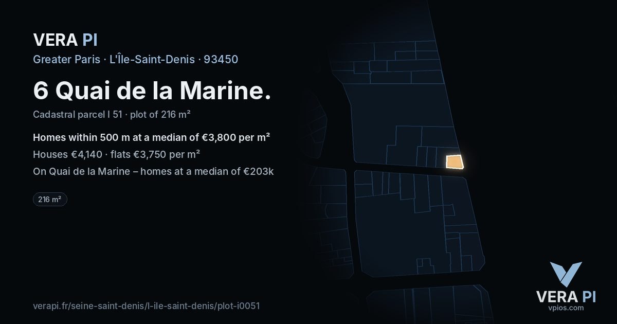 6 Quai de la Marine, L'Île-Saint-Denis at night – the plot lit, the parcels around coloured by the prices near them